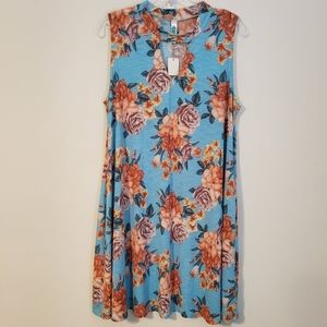 NWT!  September Stretch Blue/Pink/Coral Floral Print Sleeveless Shift Dress Sz M